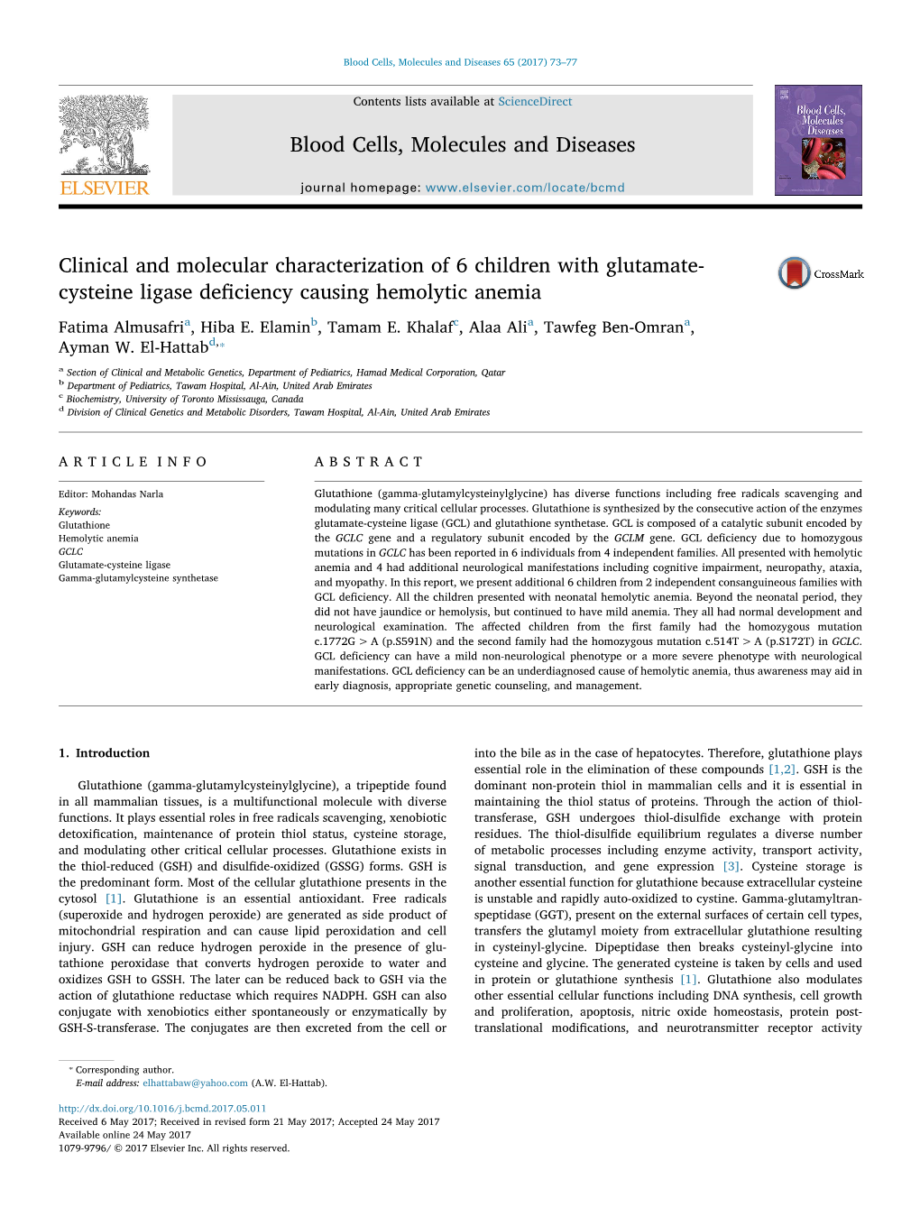 Clinical and Molecular Characterization of 6 Children with Glutamate- MARK Cysteine Ligase Deﬁciency Causing Hemolytic Anemia