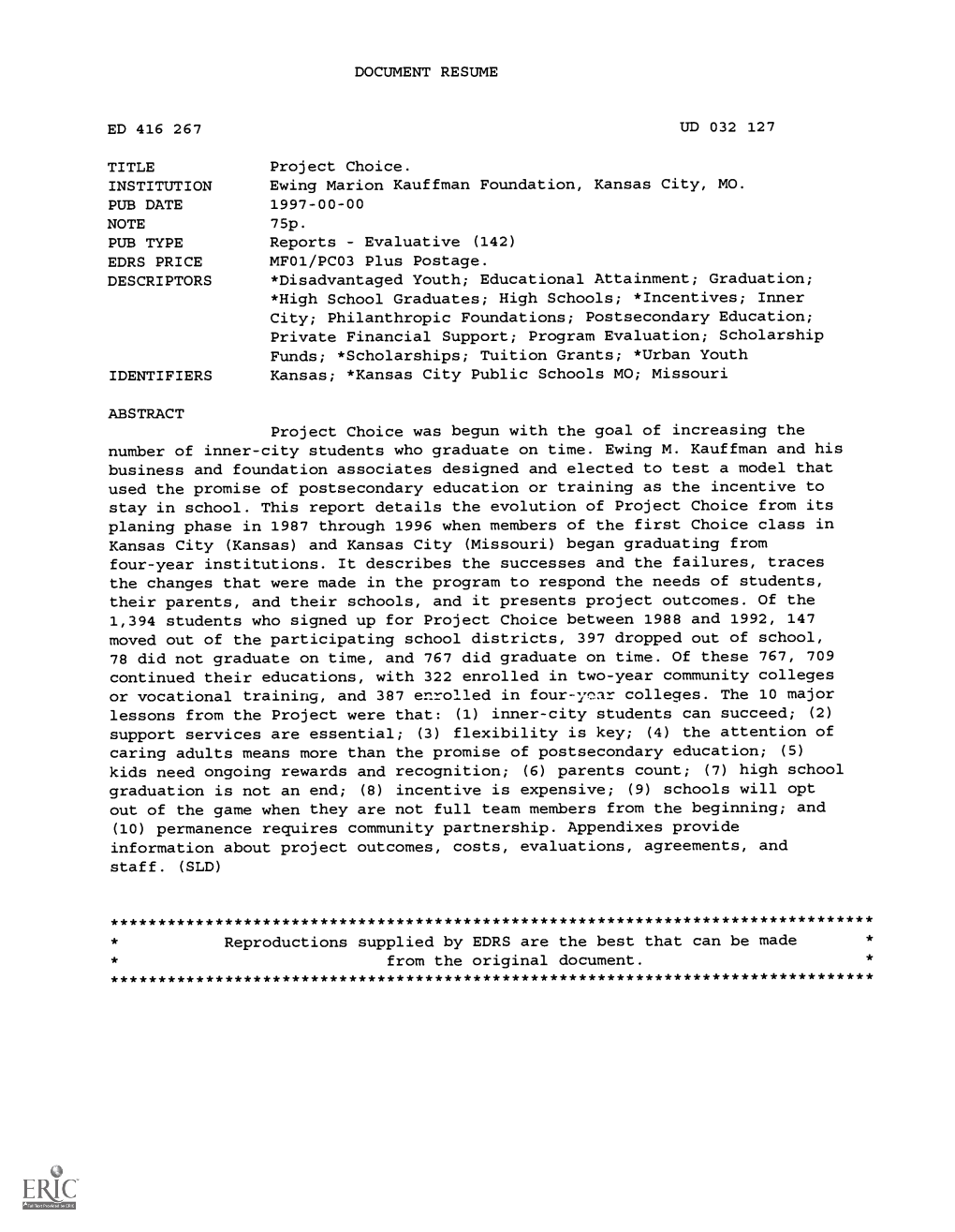 DOCUMENT RESUME UD 032 127 Ewing Marion Kauffman