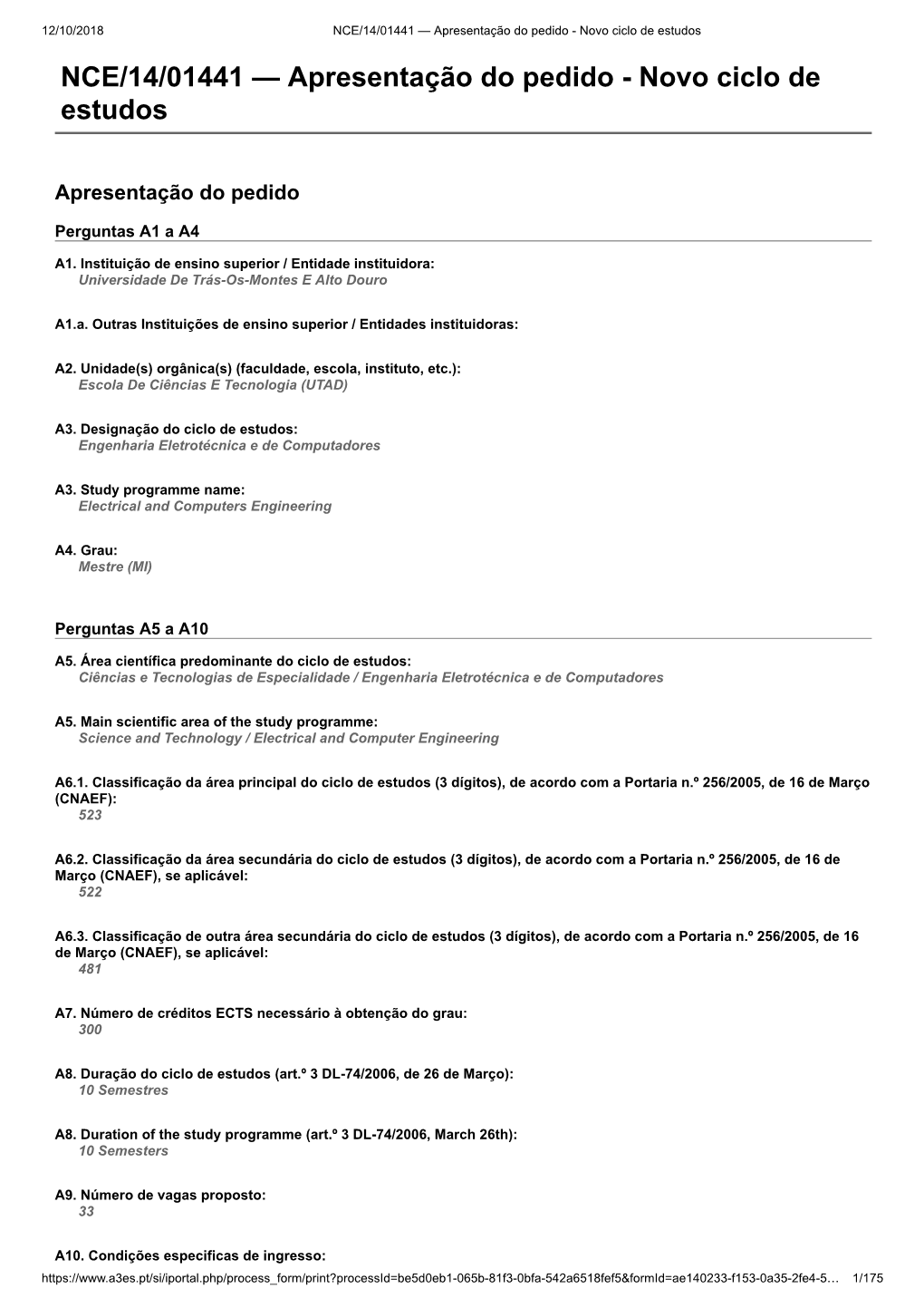 NCE/14/01441 — Apresentação Do Pedido - Novo Ciclo De Estudos NCE/14/01441 — Apresentação Do Pedido - Novo Ciclo De Estudos