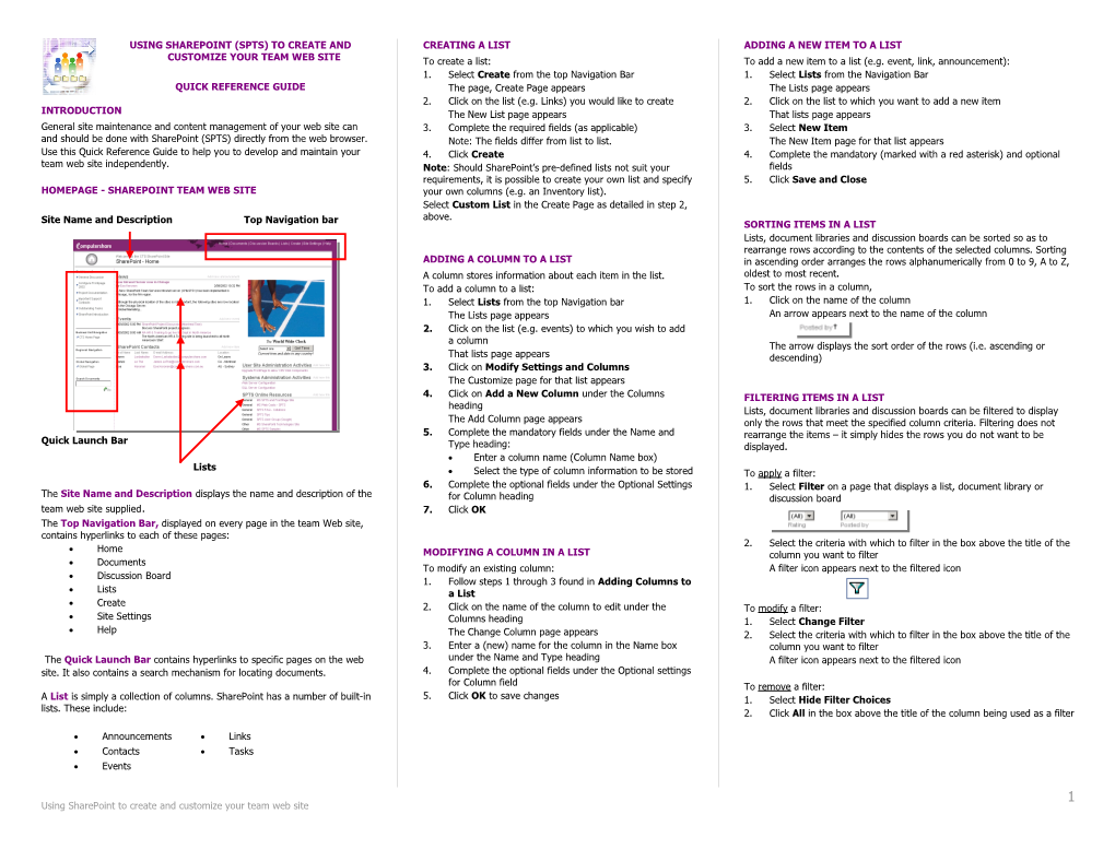 Using Sharepoint to Create and Customize Your Team Web Site