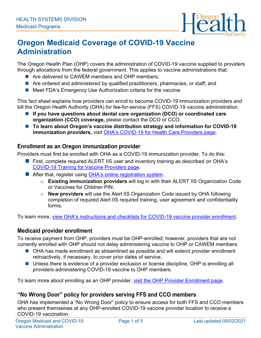 Oregon Medicaid Coverage of COVID-19 Vaccine Administration