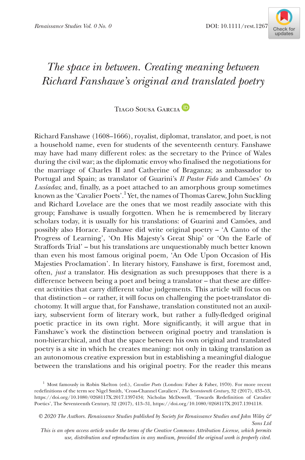 The Space in Between. Creating Meaning Between Richard Fanshawe’S Original and Translated Poetry