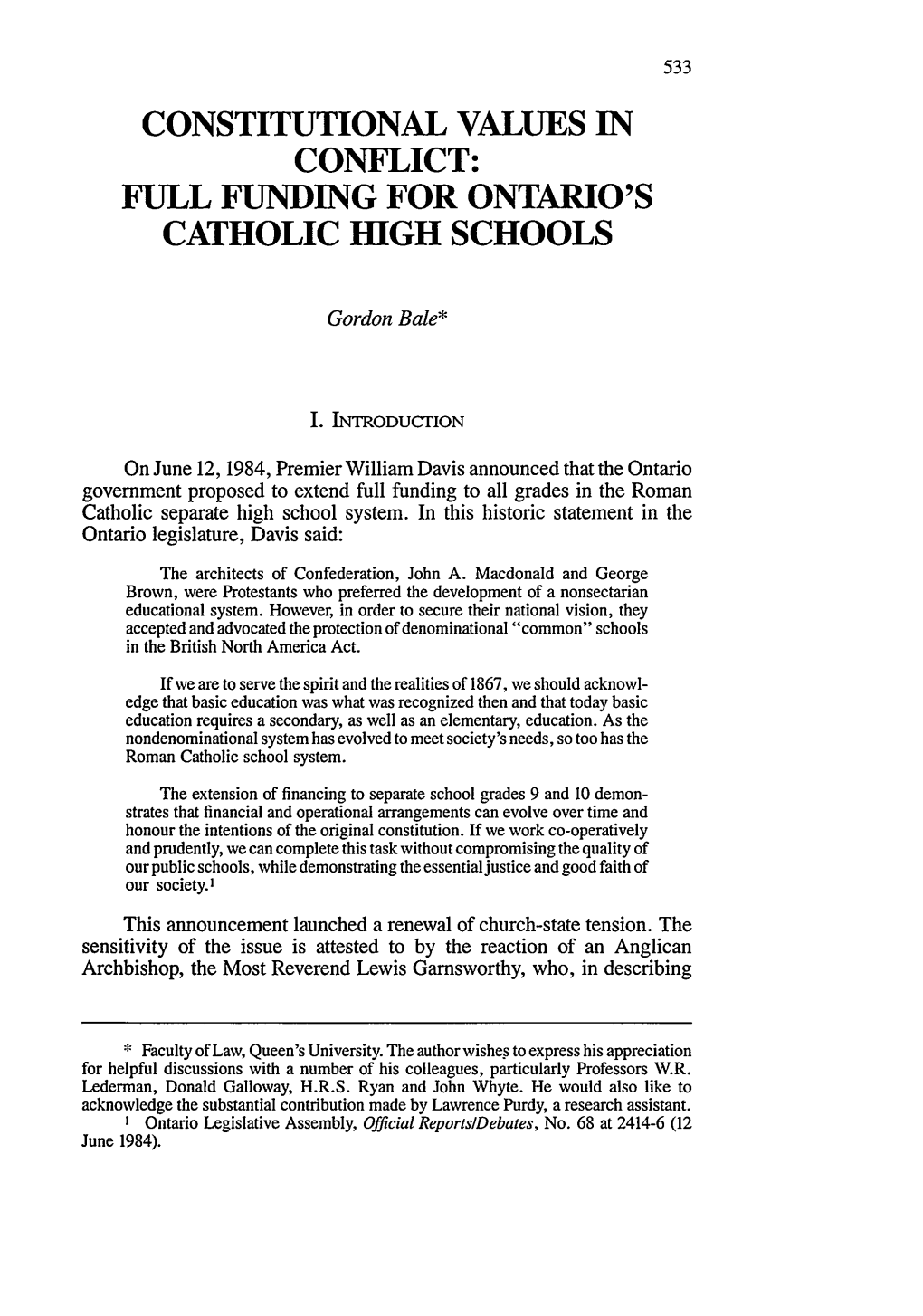 Constitutional Values in Conflict: Full Funding for Ontario's Catholic High Schools