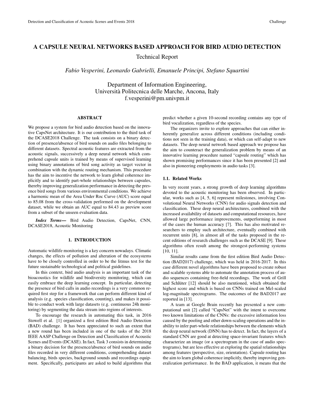 A CAPSULE NEURAL NETWORKS BASED APPROACH for BIRD AUDIO DETECTION Technical Report