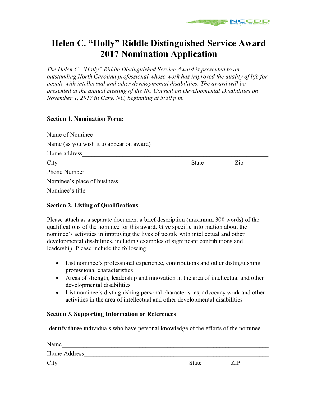 Helen C. Holly Riddle Distinguished Service Award 2017 Nomination Application