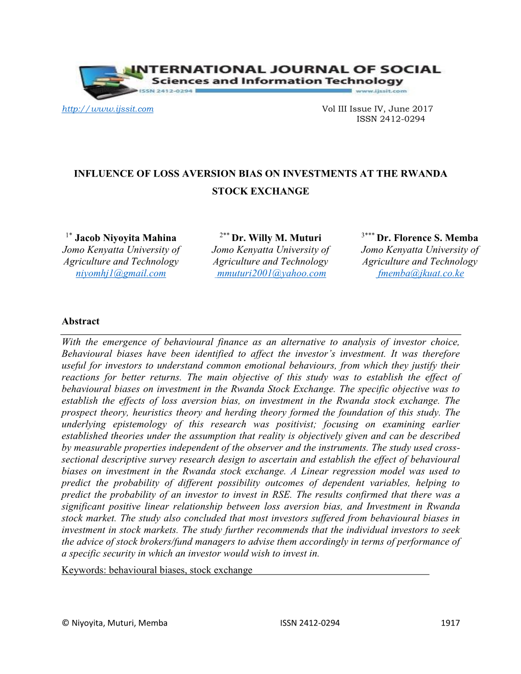 Influence of Loss Aversion Bias on Investments at the Rwanda Stock Exchange