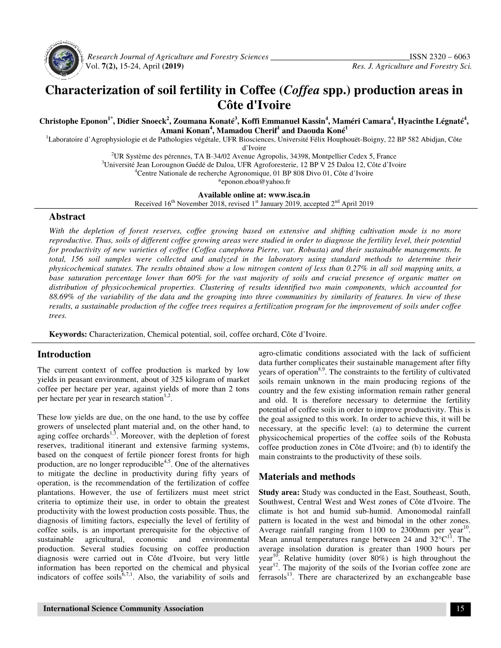 Ion of Soil Fertility in Coffee (Coffea Spp.) Production Area Côte D'ivoire