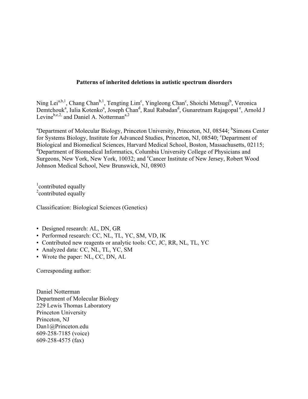 Patterns of Inherited Deletions in Autistic Spectrum Disorders Ning