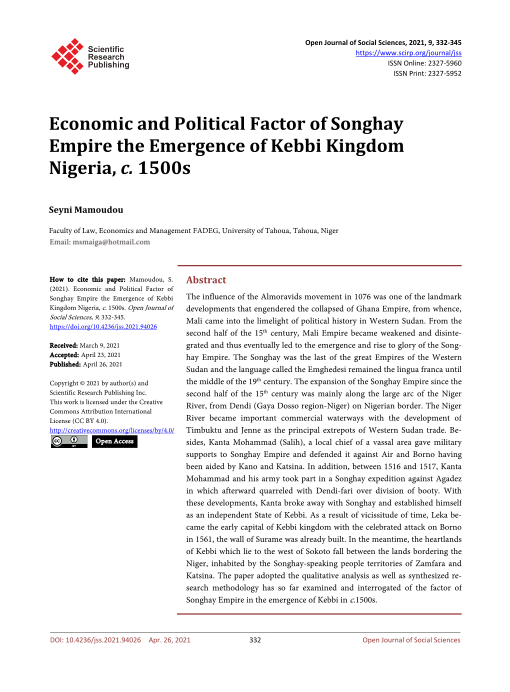 Economic and Political Factor of Songhay Empire the Emergence of Kebbi Kingdom Nigeria, C