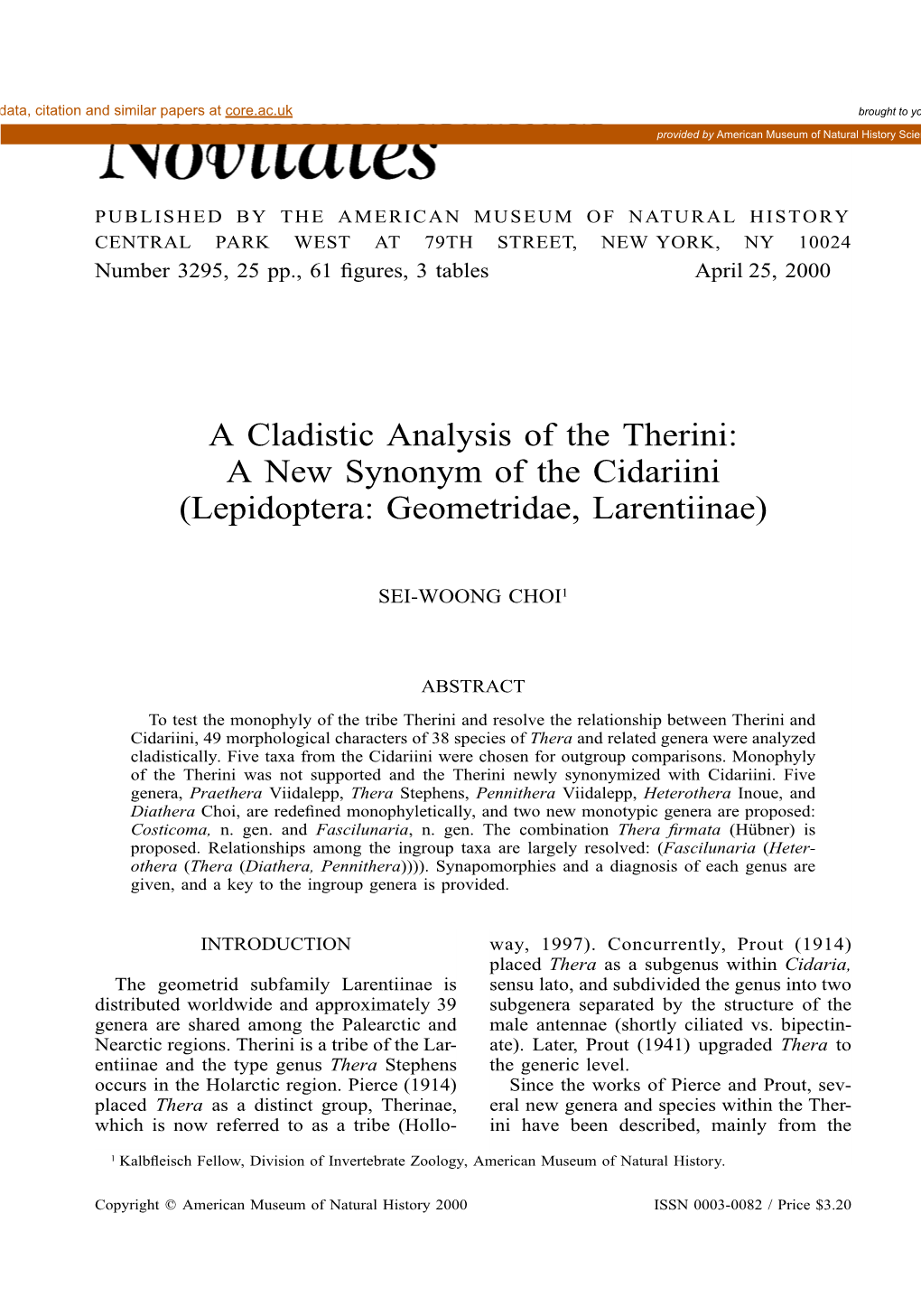 A Cladistic Analysis of the Therini: a New Synonym of the Cidariini (Lepidoptera: Geometridae, Larentiinae)
