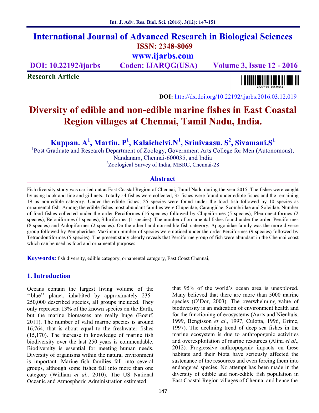 Diversity of Edible and Non-Edible Marine Fishes in East Coastal Region Villages at Chennai, Tamil Nadu, India