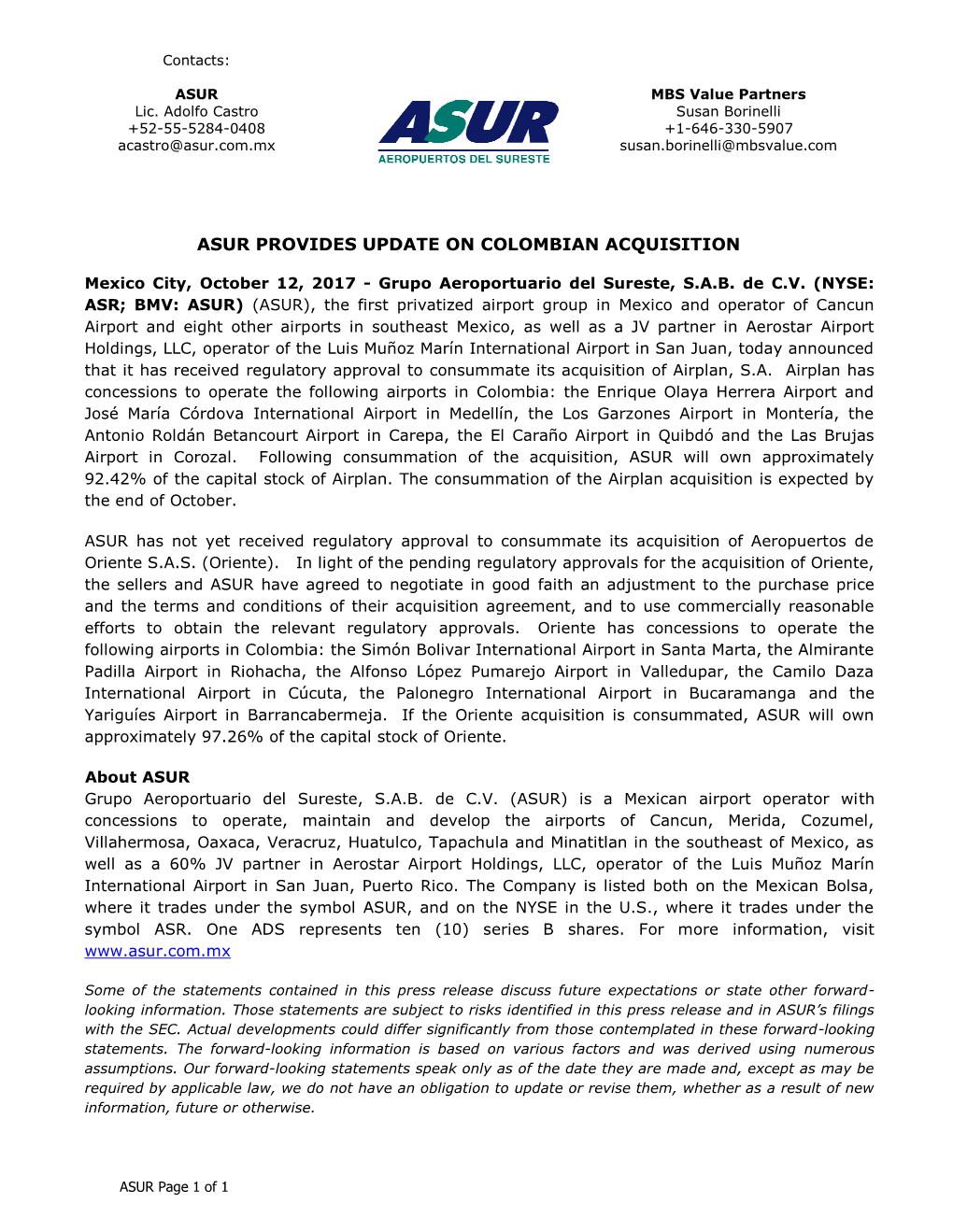 Asur Provides Update on Colombian Acquisition