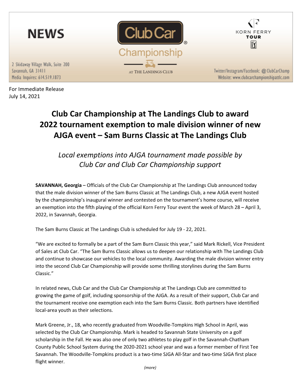 Club Car Championship at the Landings Club to Award 2022 Tournament Exemption to Male Division Winner of New AJGA Event – Sam Burns Classic at the Landings Club