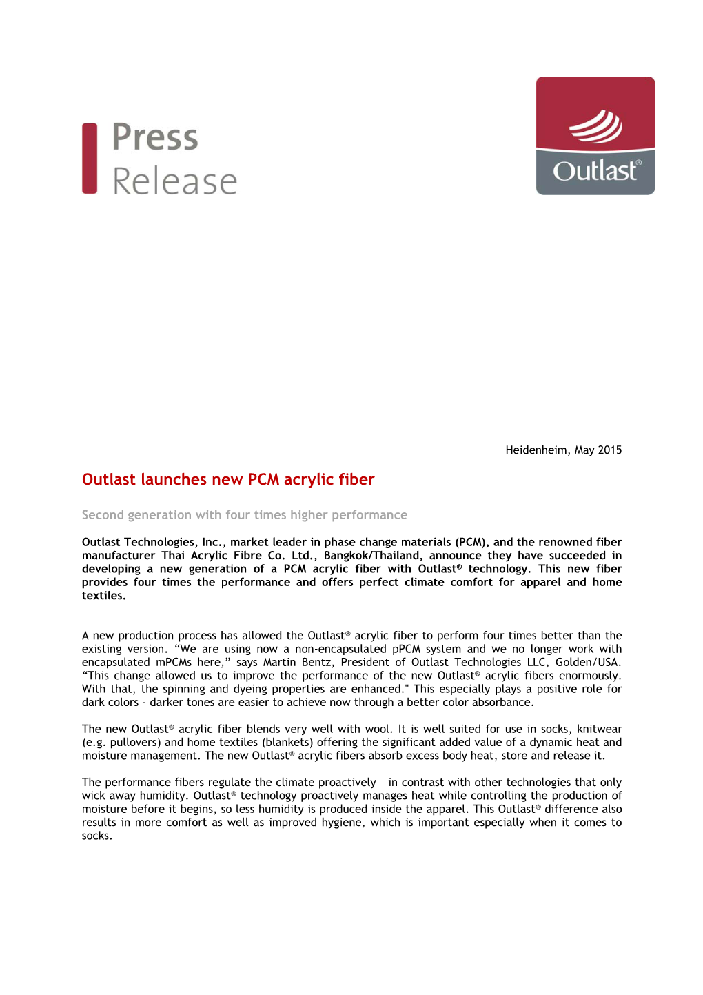 Outlast Launches New PCM Acrylic Fiber