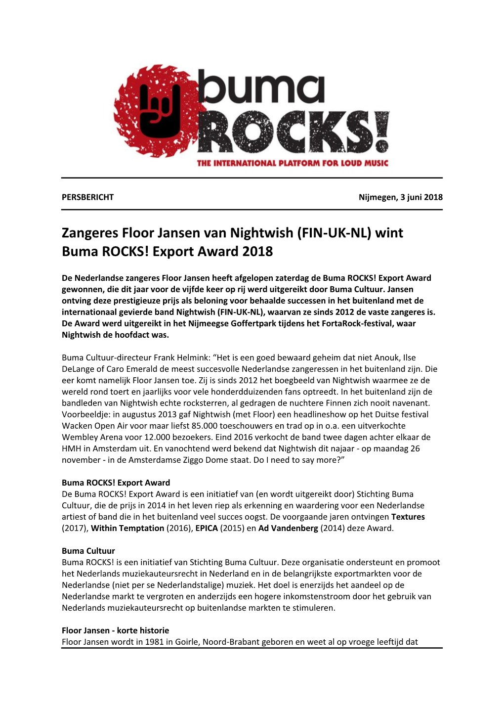 Zangeres Floor Jansen Van Nightwish (FIN-UK-NL) Wint Buma ROCKS! Export Award 2018