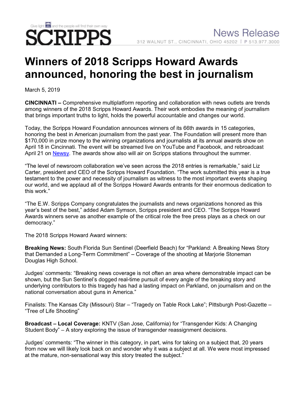 Winners of 2018 Scripps Howard Awards Announced, Honoring the Best in Journalism