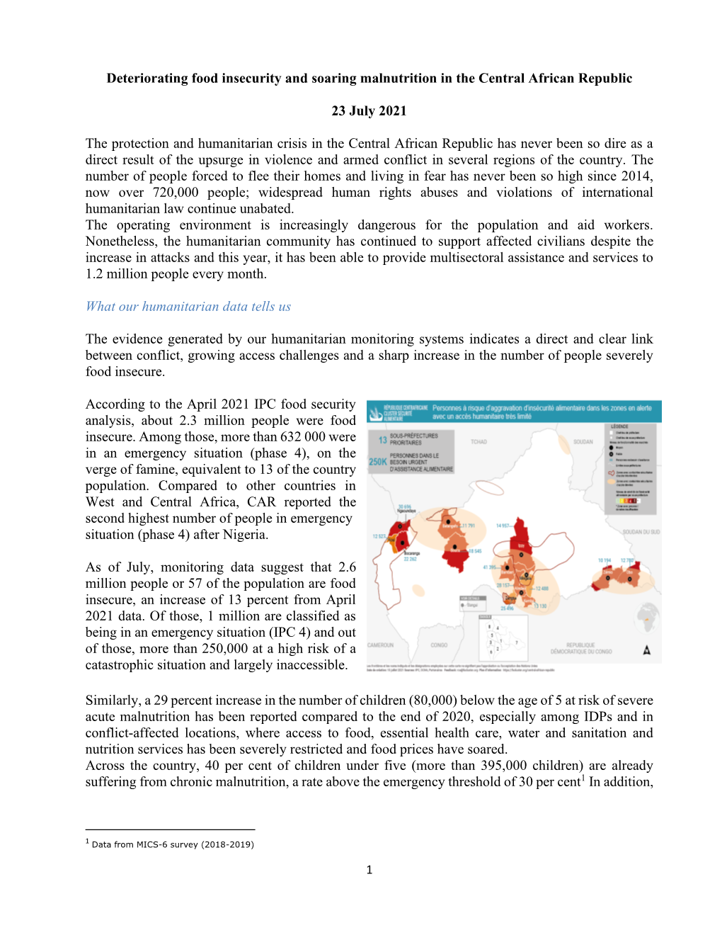 Deteriorating Food Insecurity and Soaring Malnutrition in the Central African Republic