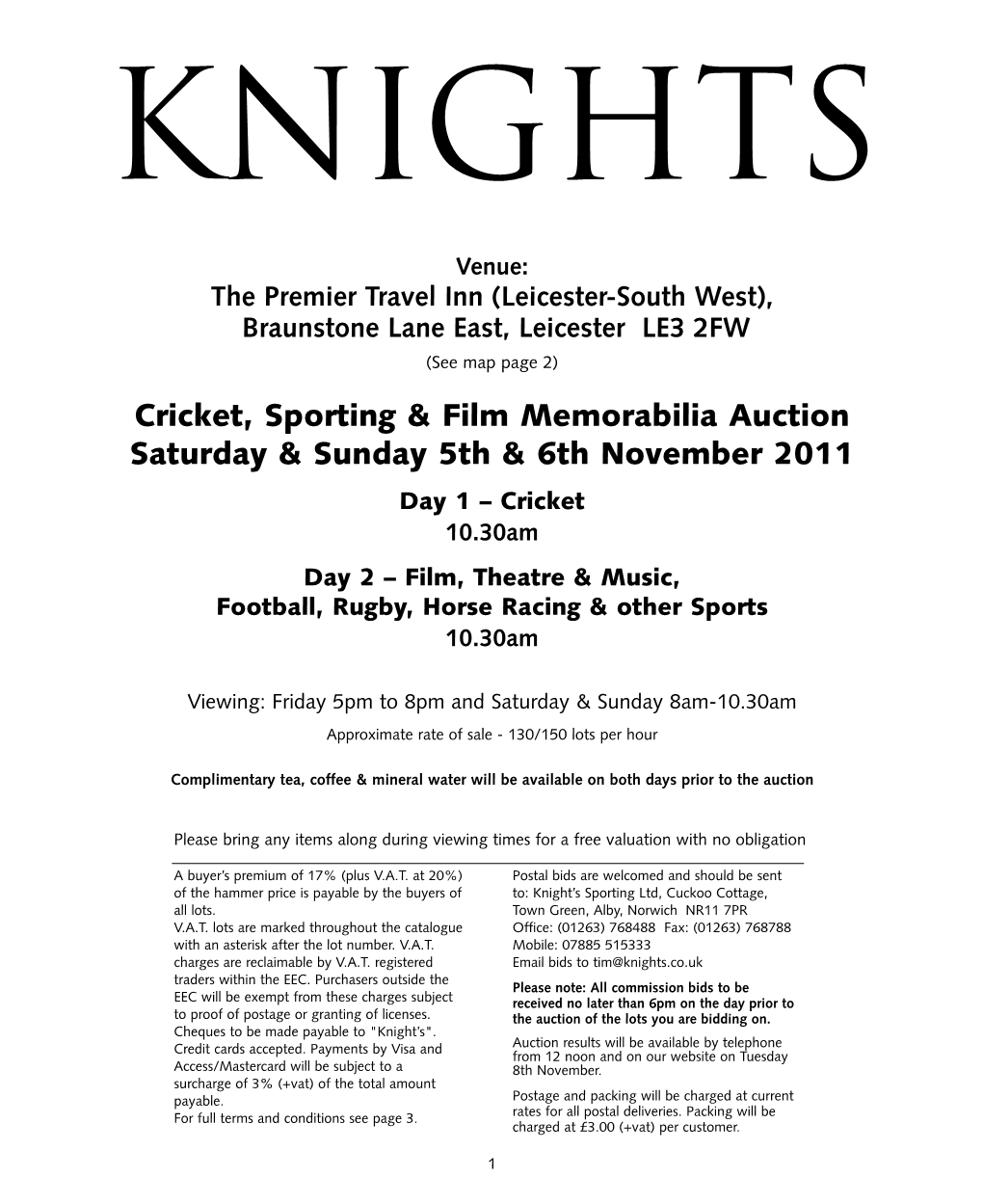 Cricket, Sporting & Film Memorabilia Auction Saturday & Sunday 5Th & 6Th November 2011