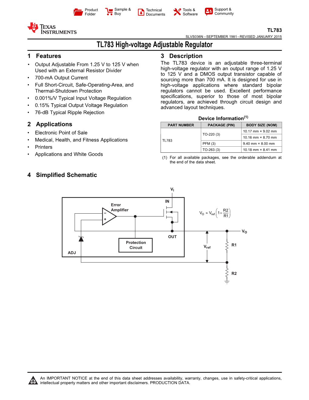 TL783 High-Voltage Adjustable Regulator Datasheet (Rev. N)