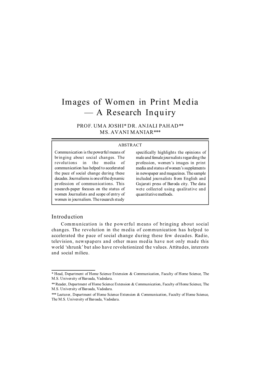 Images of Women in Print Media — a Research Inquiry