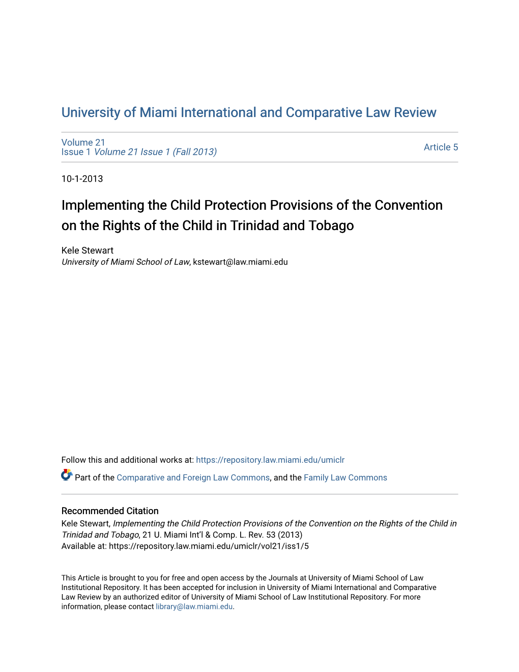 Implementing the Child Protection Provisions of the Convention on the Rights of the Child in Trinidad and Tobago