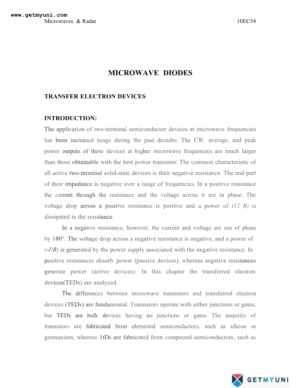 Page 1 Microwaves & Radar 10EC54 MICROWAVE DIODES TRANSFER