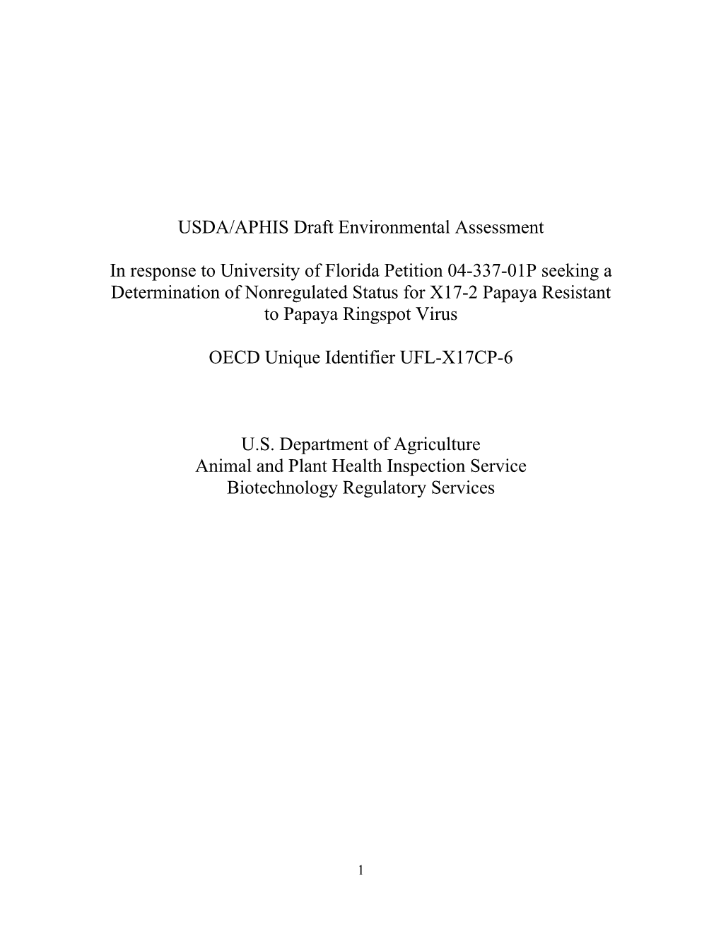 USDA/APHIS Draft Environmental Assessment