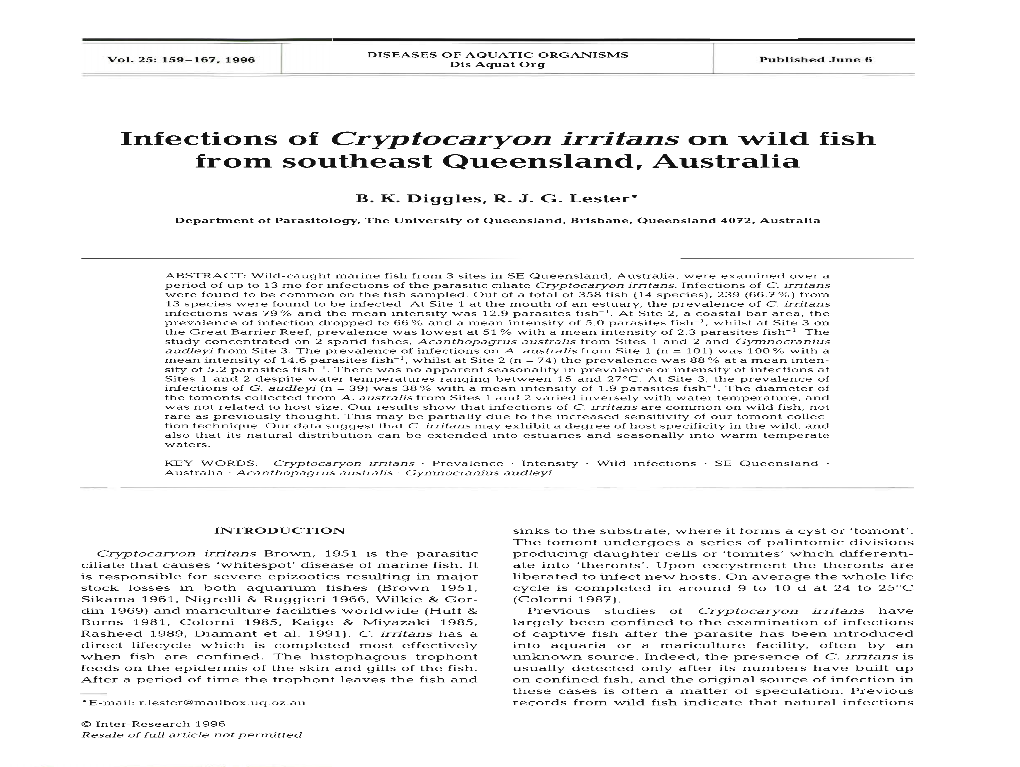 Infections of Cryptocaryon Irritans on Wild Fish