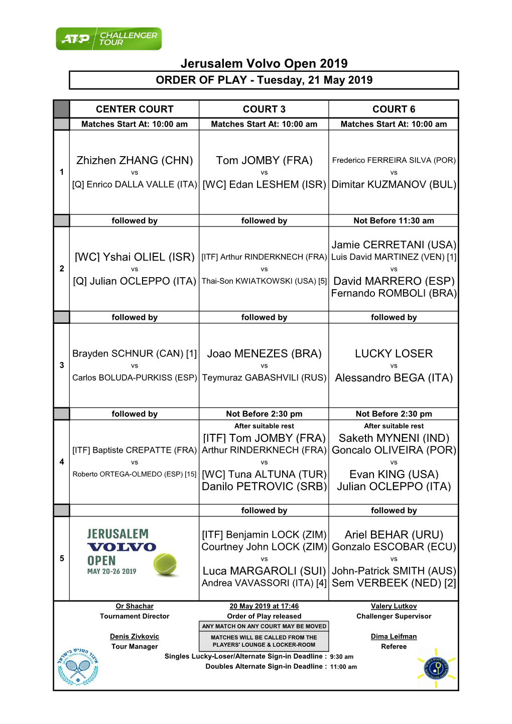 Jerusalem Volvo Open 2019 ORDER of PLAY - Tuesday, 21 May 2019