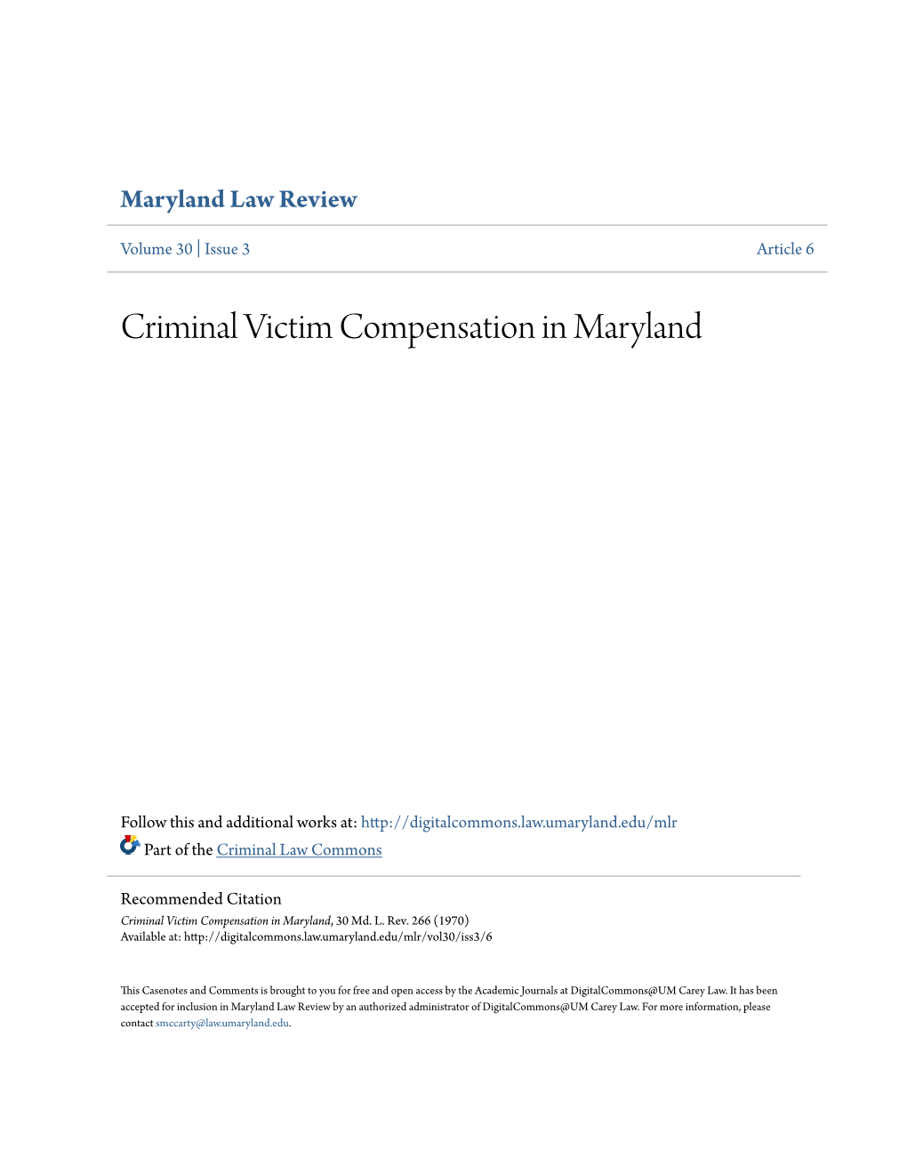 Criminal Victim Compensation in Maryland