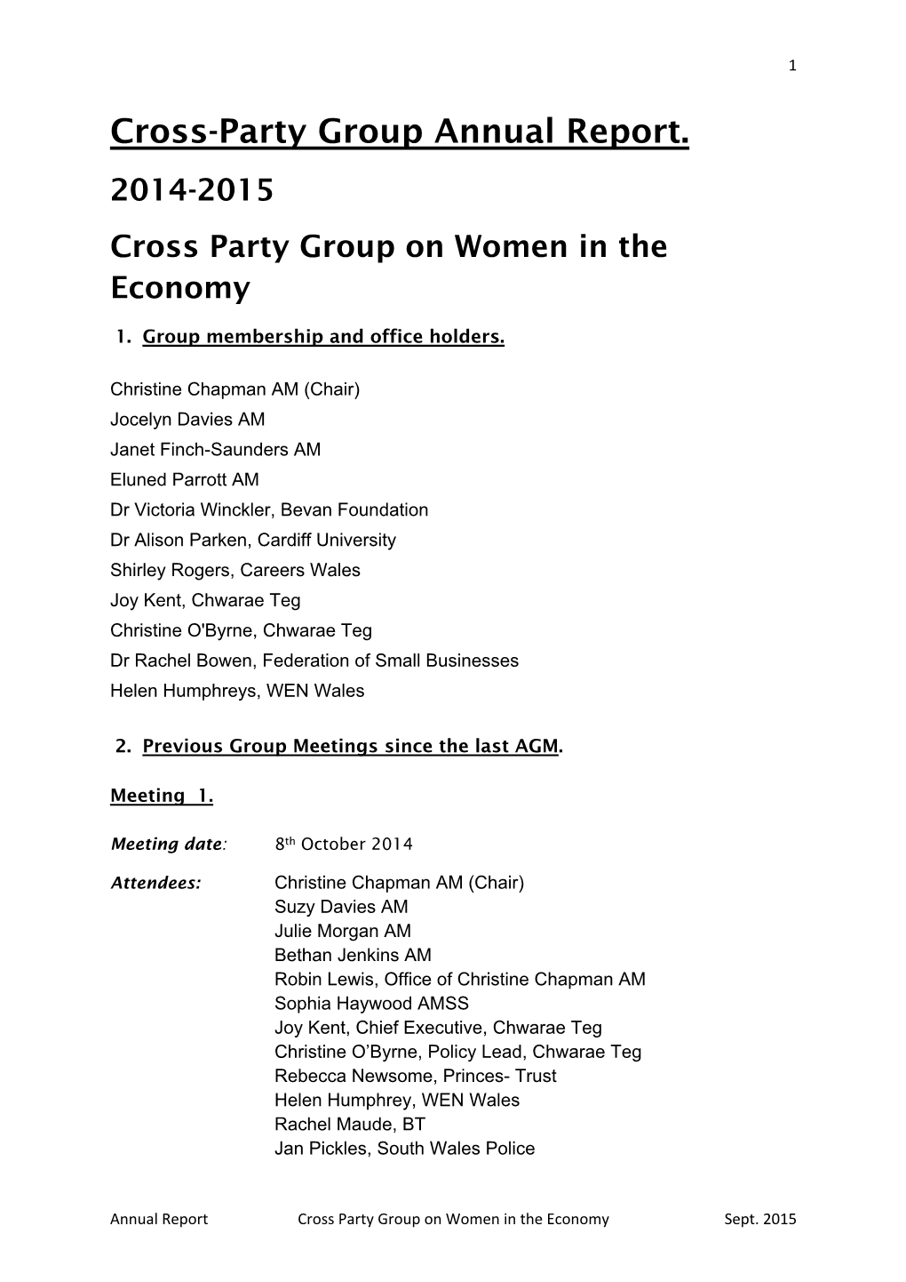 Cross-Party Group Annual Report. 2014-2015 Cross Party Group on Women in the Economy