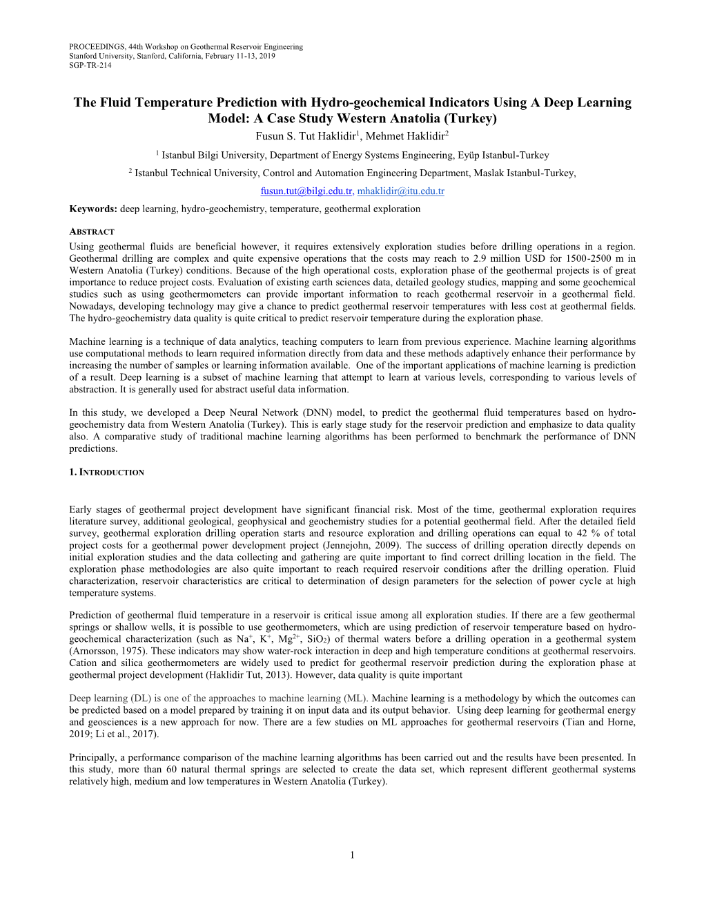 The Fluid Temperature Prediction with Hydro-Geochemical Indicators Using a Deep Learning Model: a Case Study Western Anatolia (Turkey) Fusun S