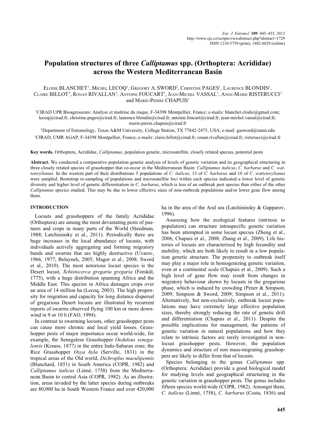 Population Structures of Three Calliptamus Spp. (Orthoptera: Acrididae) Across the Western Mediterranean Basin