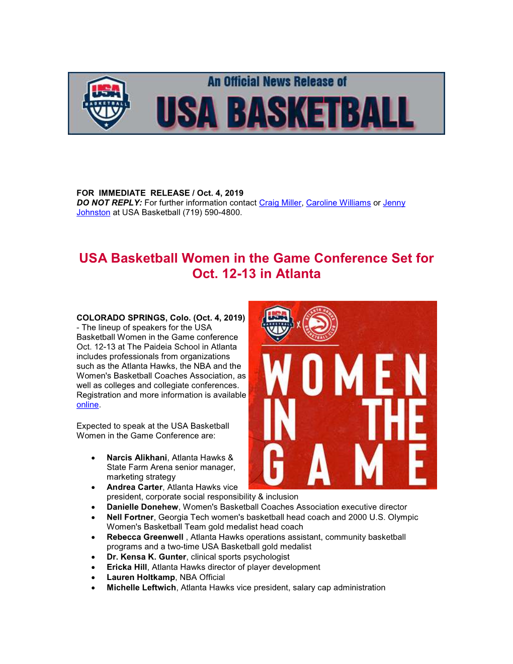 USA Basketball Women in the Game Conference Set for Oct. 12-13 in Atlanta