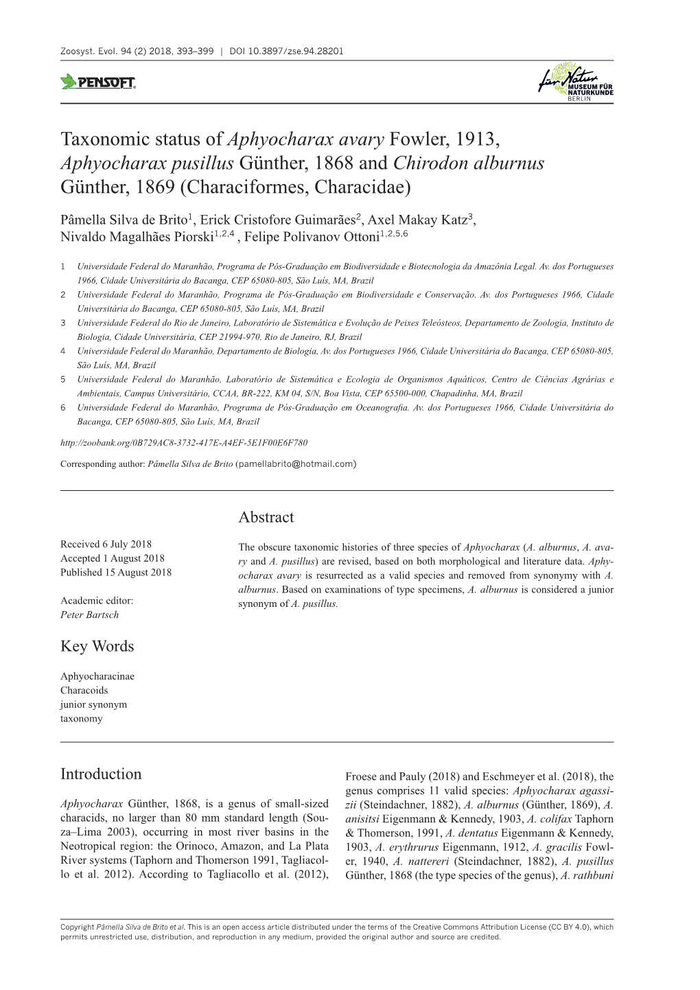 Aphyocharax Pusillus Günther, 1868 and Chirodon Alburnus Günther, 1869 (Characiformes, Characidae)