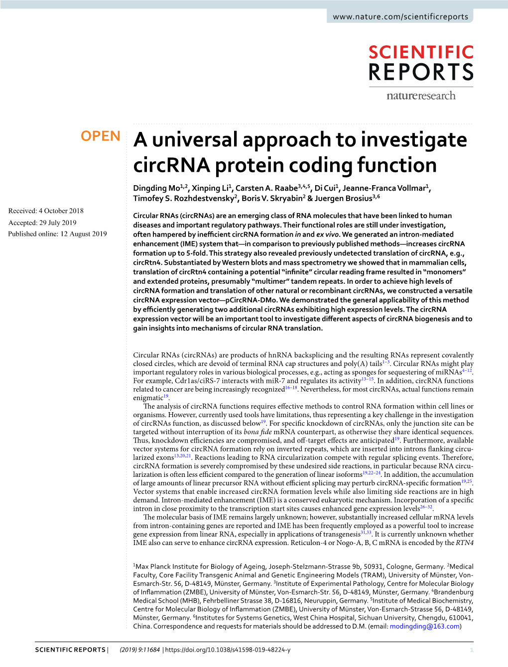 A Universal Approach to Investigate Circrna Protein Coding Function Dingding Mo1,2, Xinping Li1, Carsten A