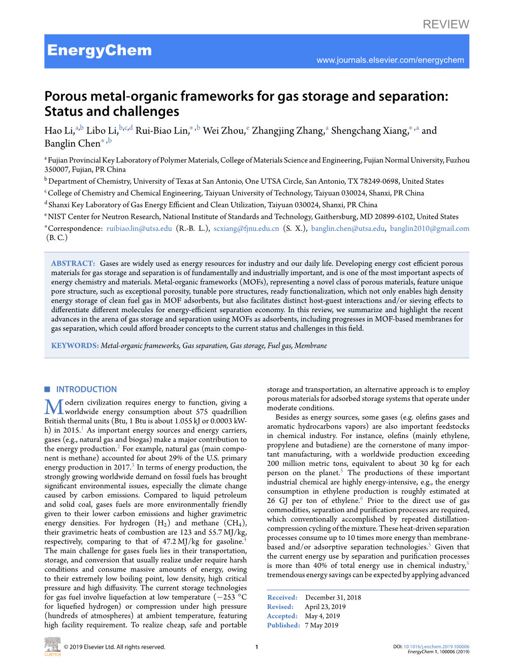 Porous Metal-Organic Frameworks for Gas Storage and Separation