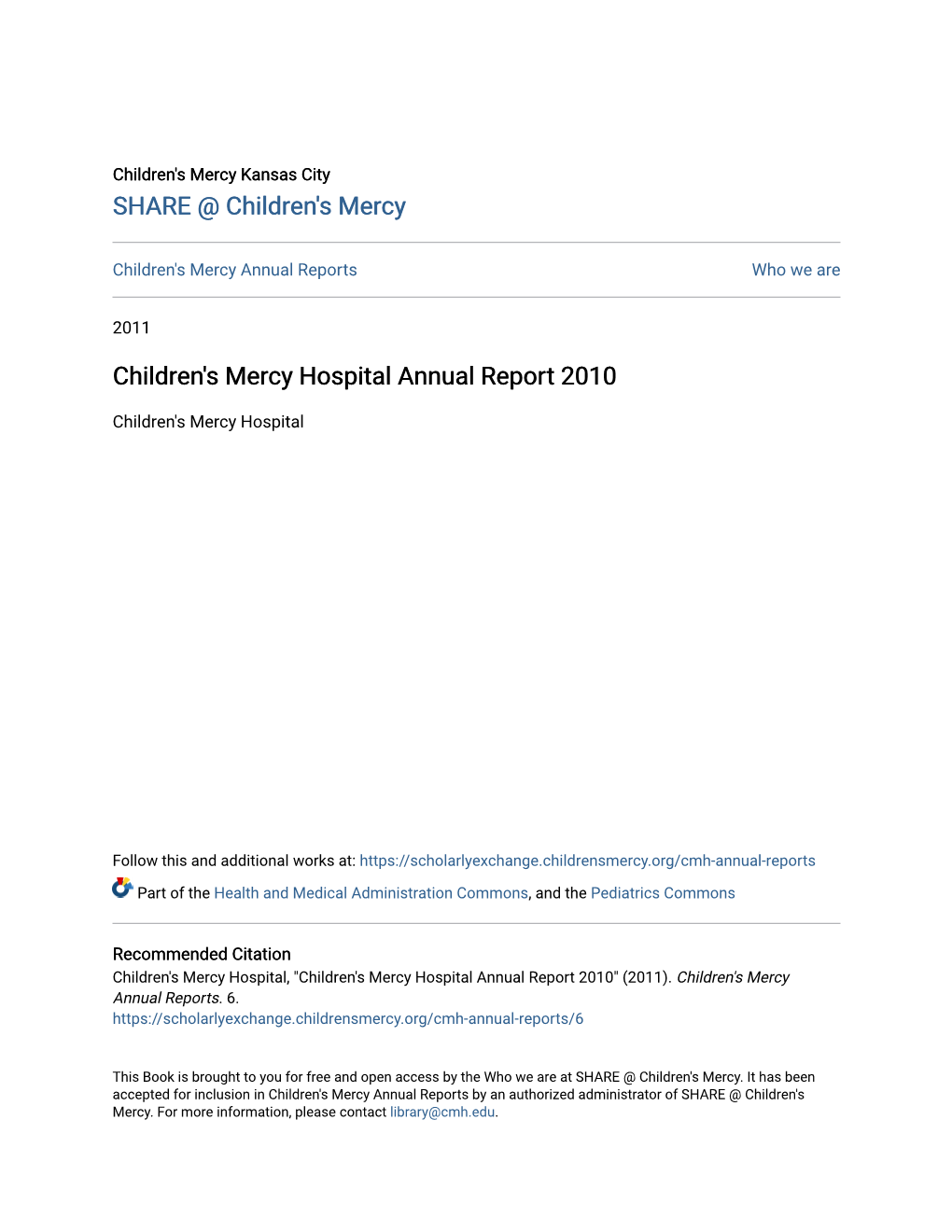 Children's Mercy Hospital Annual Report 2010