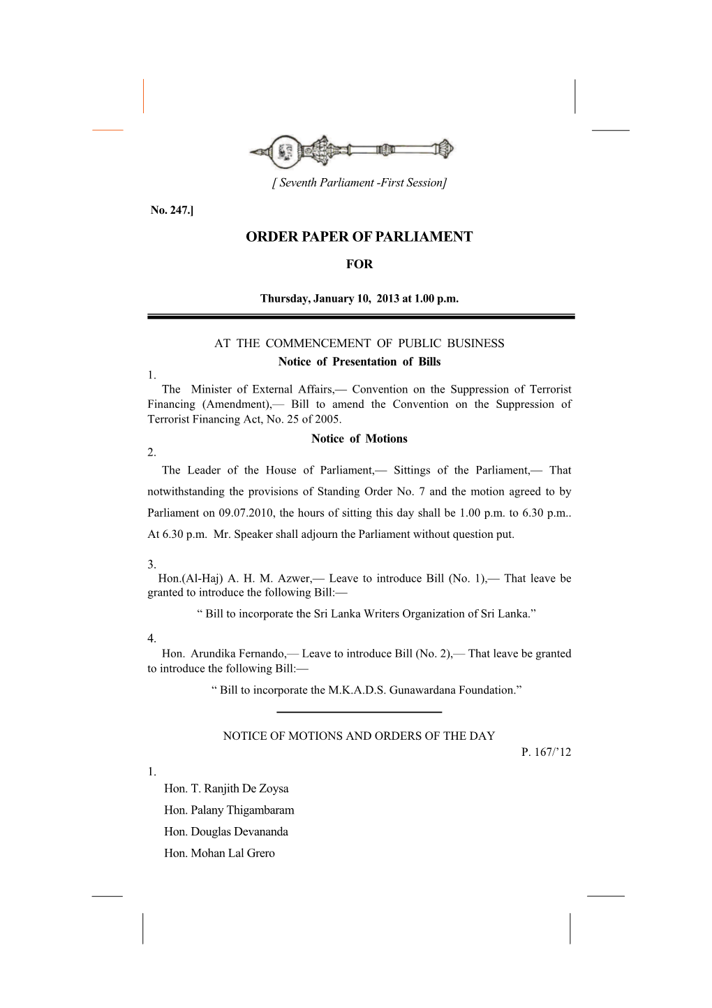 Order Paper of Parliament