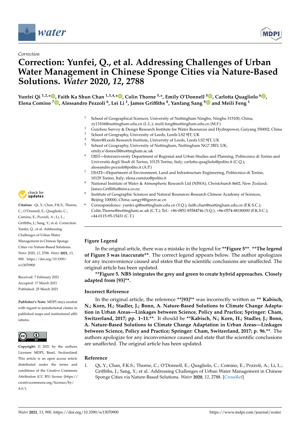 Correction: Yunfei, Q., Et Al. Addressing Challenges of Urban Water Management in Chinese Sponge Cities Via Nature-Based Solutions