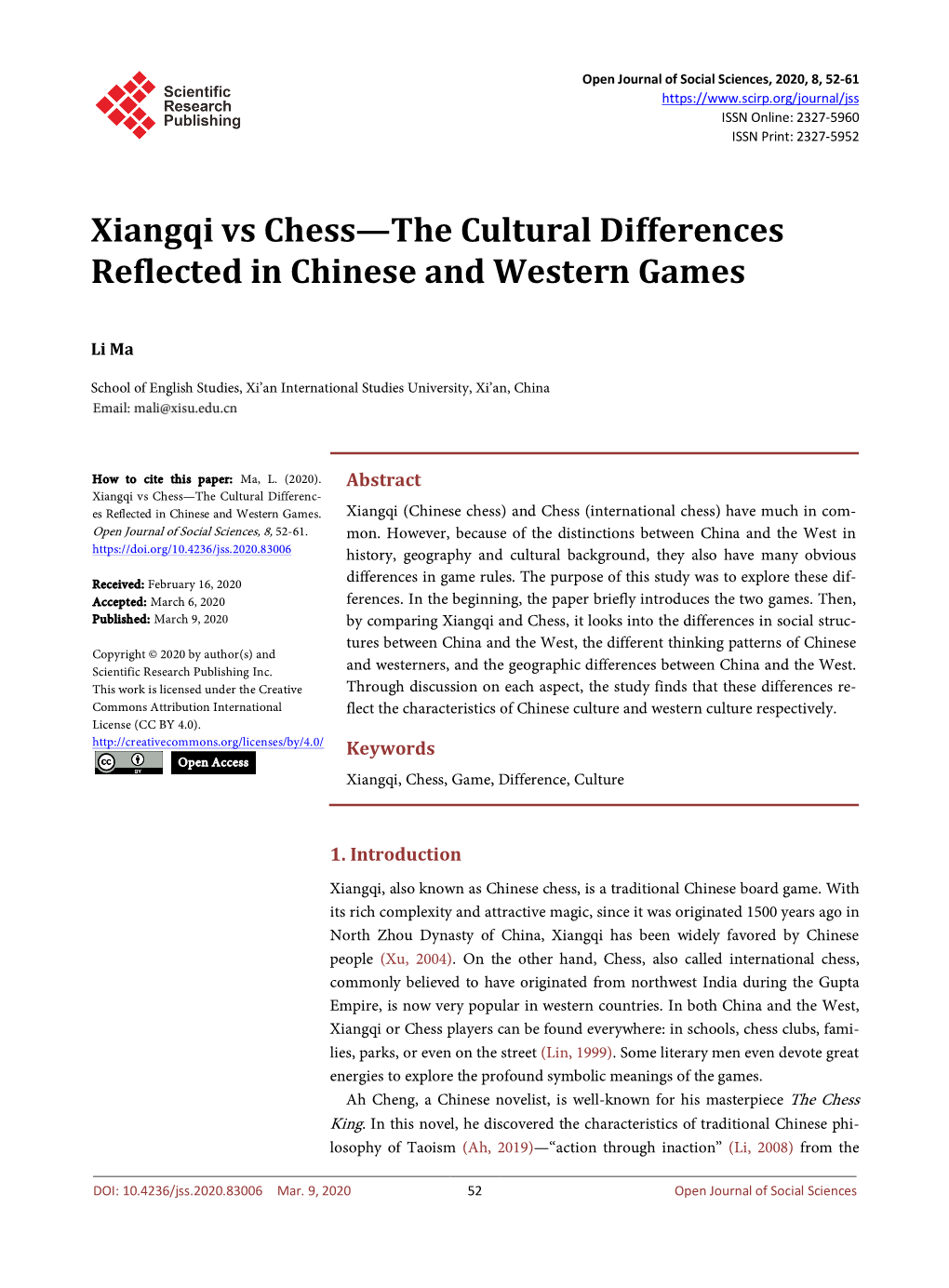 Xiangqi Vs Chess—The Cultural Differences Reflected in Chinese and Western Games