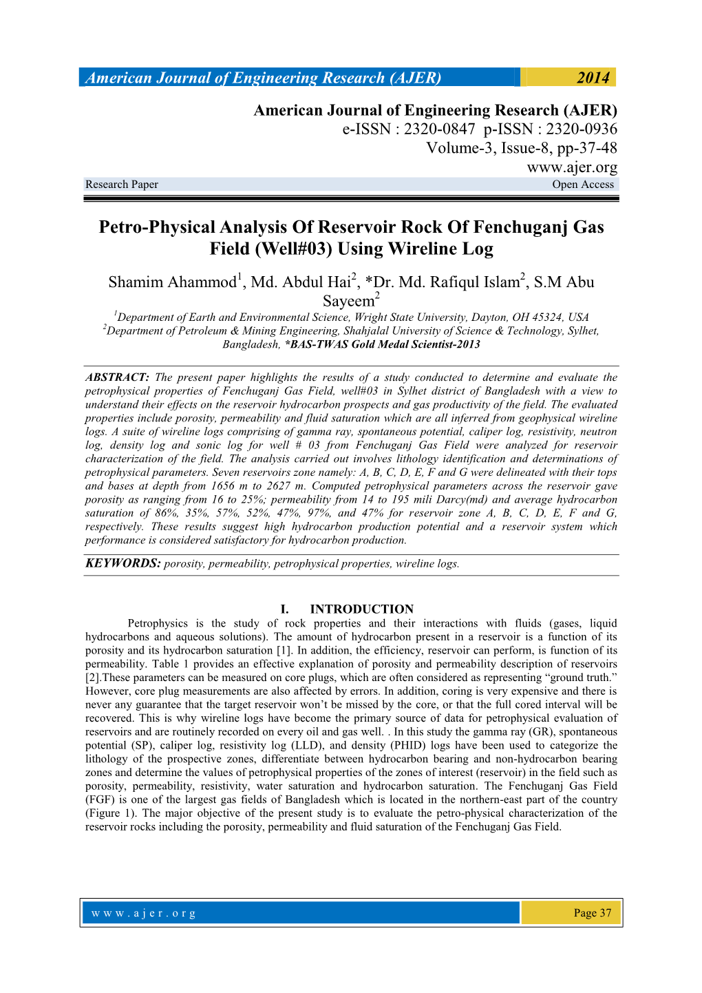 Petro-Physical Analysis of Reservoir Rock of Fenchuganj Gas Field (Well#03) Using Wireline Log