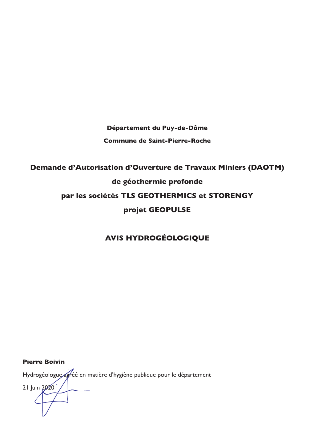 Avis Hydrogéologique Sur DAOTM, Projet GEOPULSE