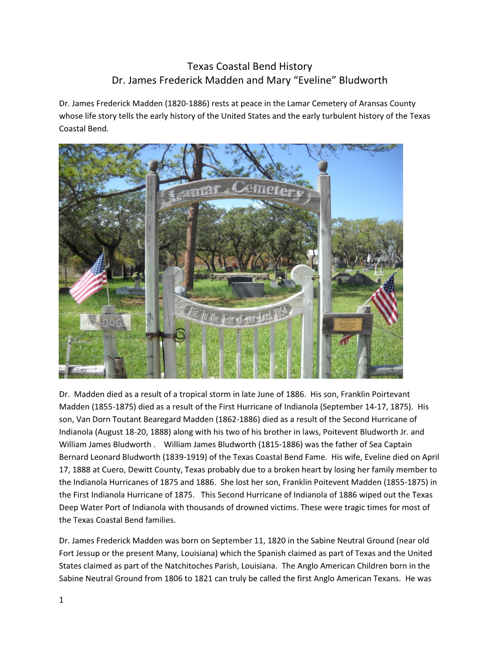 Texas Coastal Bend History Dr. James Frederick Madden and Mary “Eveline” Bludworth