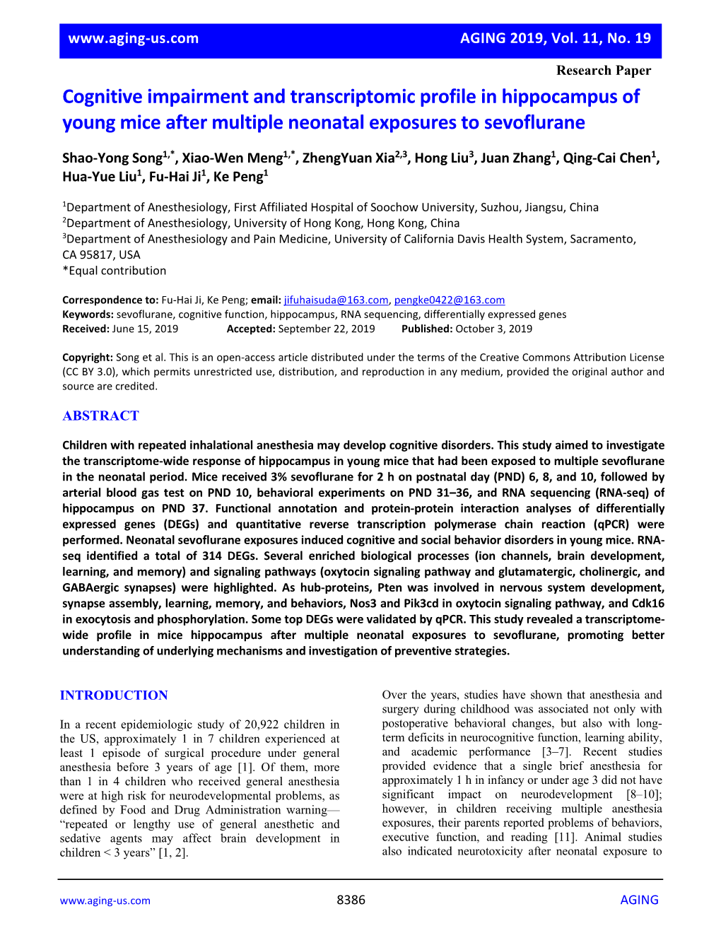 Cognitive Impairment and Transcriptomic Profile in Hippocampus of Young Mice After Multiple Neonatal Exposures to Sevoflurane