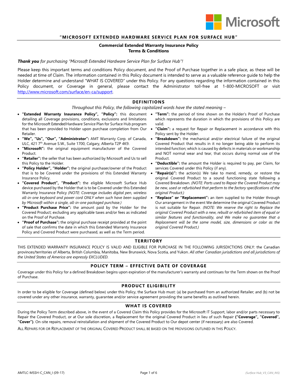“MICROSOFT EXTENDED HARDWARE SERVICE PLAN for SURFACE HUB” Commercial Extended Warranty Insurance Policy Terms & Conditi