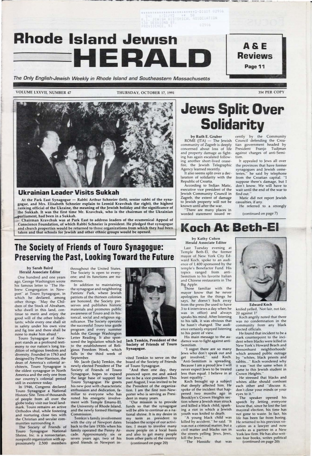 OCTOBER 17, 1991 35¢ PER COPY Jews Split Over Solidarity by Ruth E