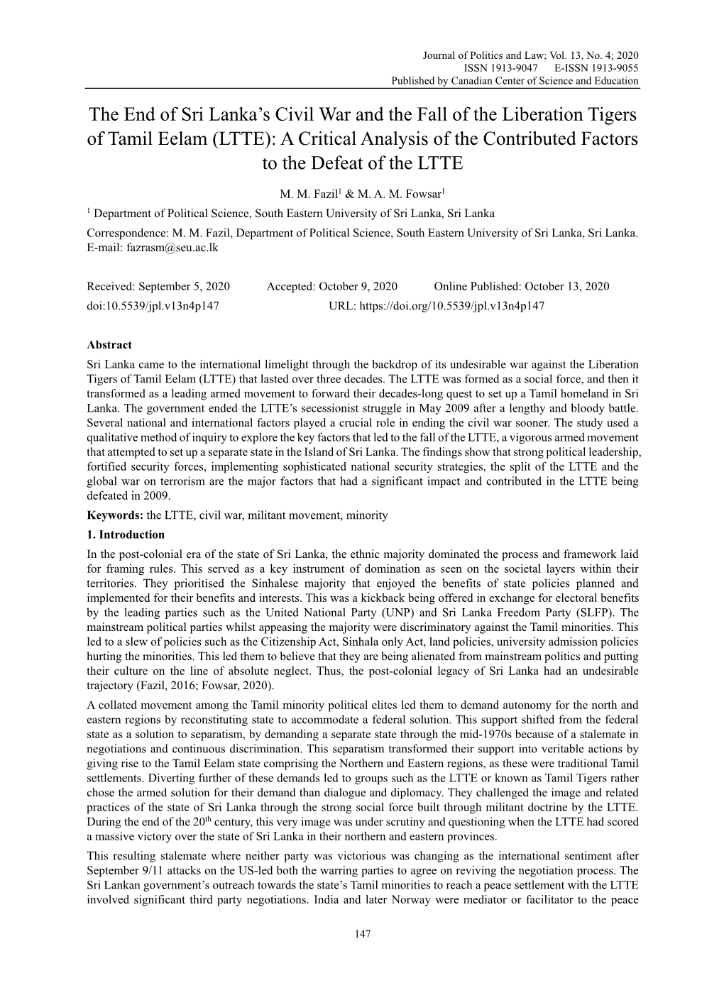 LTTE): a Critical Analysis of the Contributed Factors to the Defeat of the LTTE