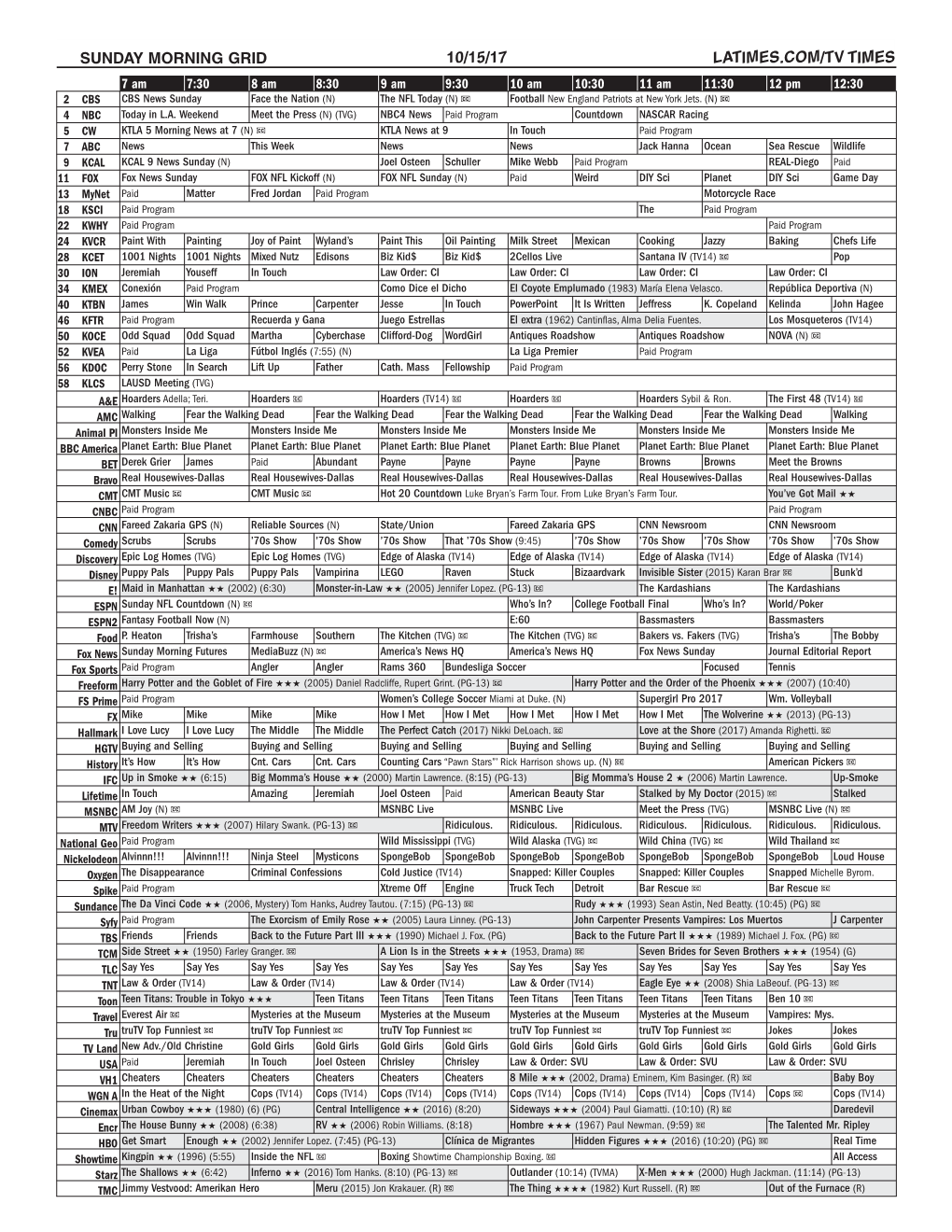 Sunday Morning Grid 10/15/17 Latimes.Com/Tv Times