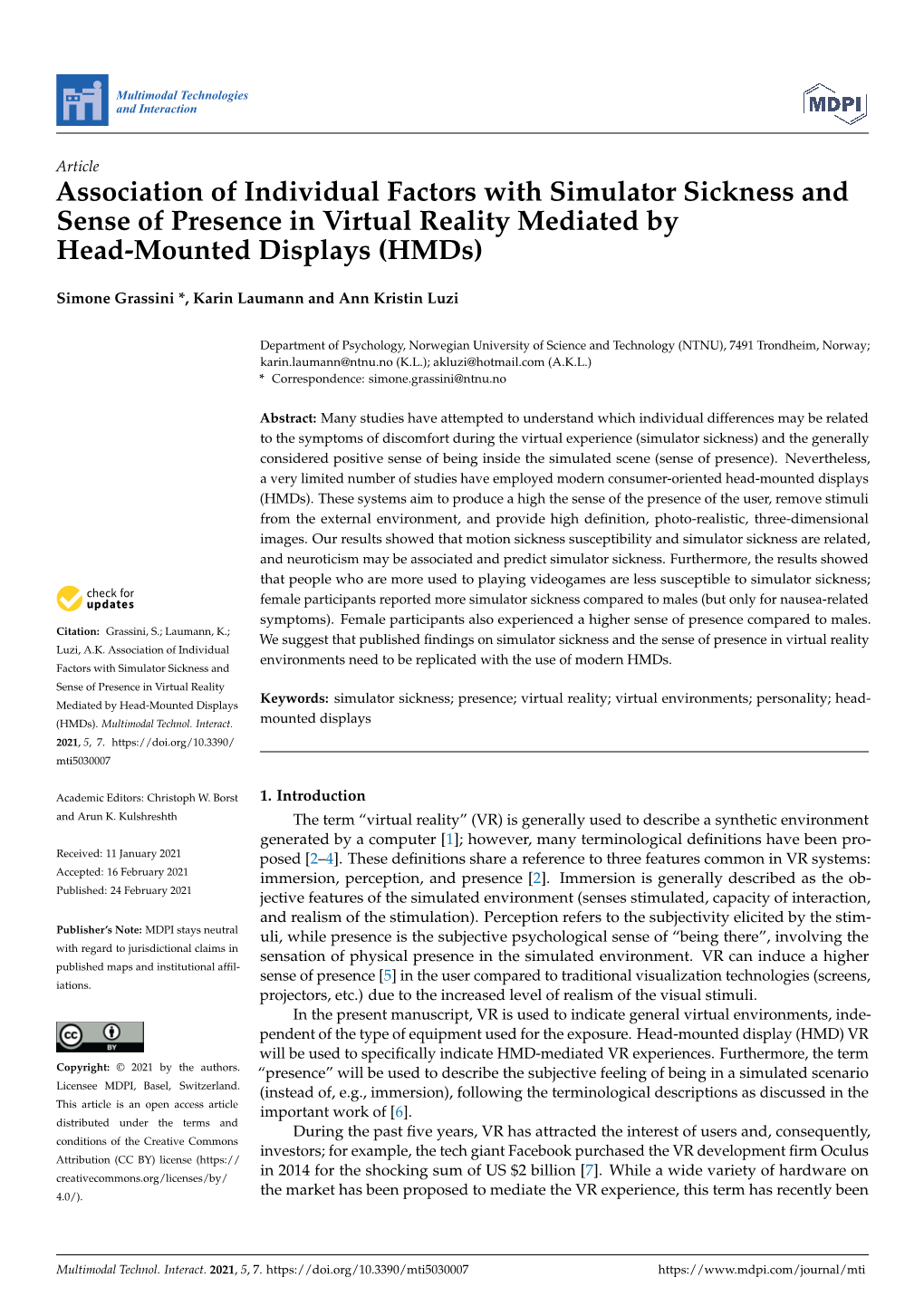 Association of Individual Factors with Simulator Sickness and Sense of Presence in Virtual Reality Mediated by Head-Mounted Displays (Hmds)